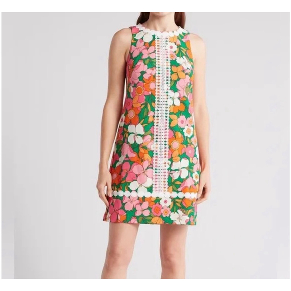 NWT Eliza J Retro Style Bold Multi-color Floral Lace Trim Mini Shift Dress SZ 4 - Picture 12 of 12